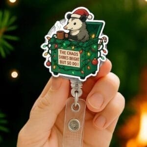 Possum Dumpster Fire Christmas Badge Reel - Dark Humor Nurse Gift